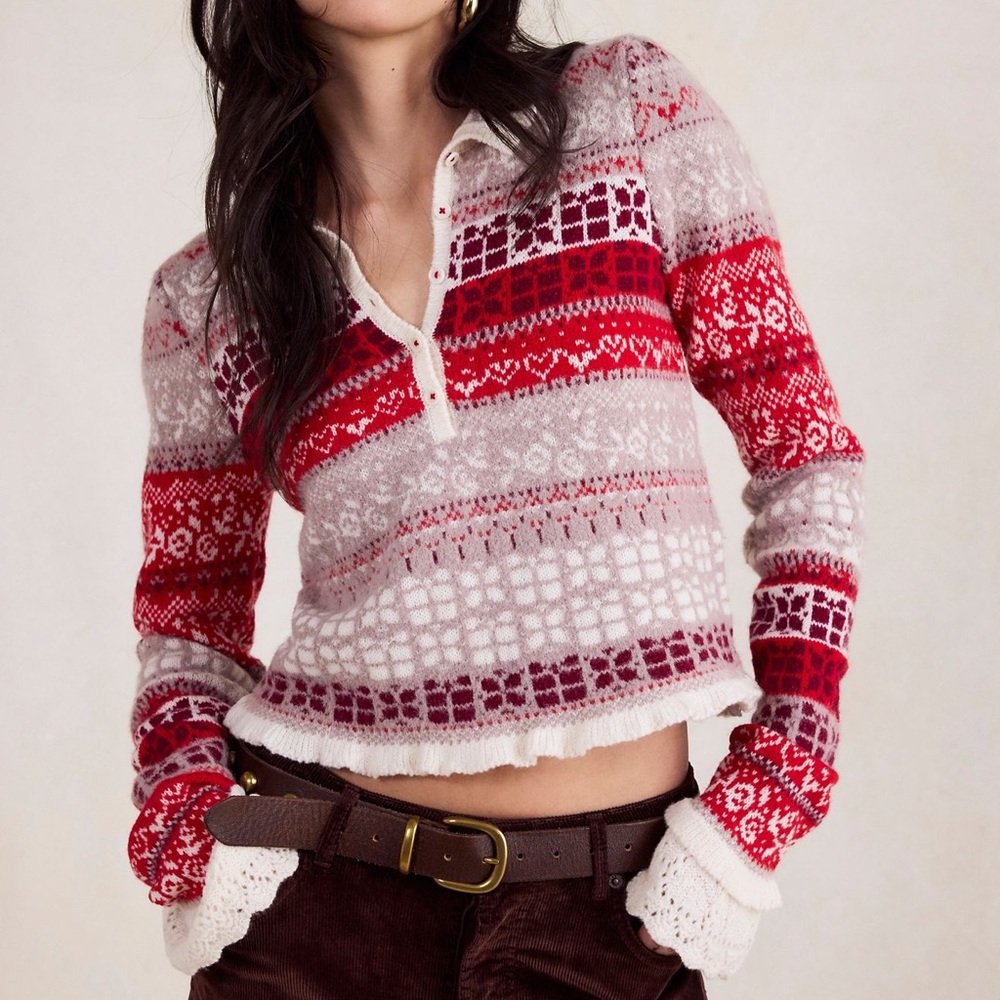 NWT!! Free People Gift Wrapped Henley Top in Cherry Jam Combo
